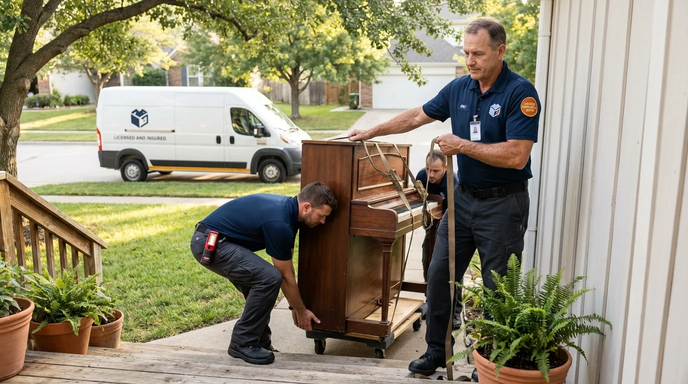 Licensed piano movers securing grand piano in Orrington, ME