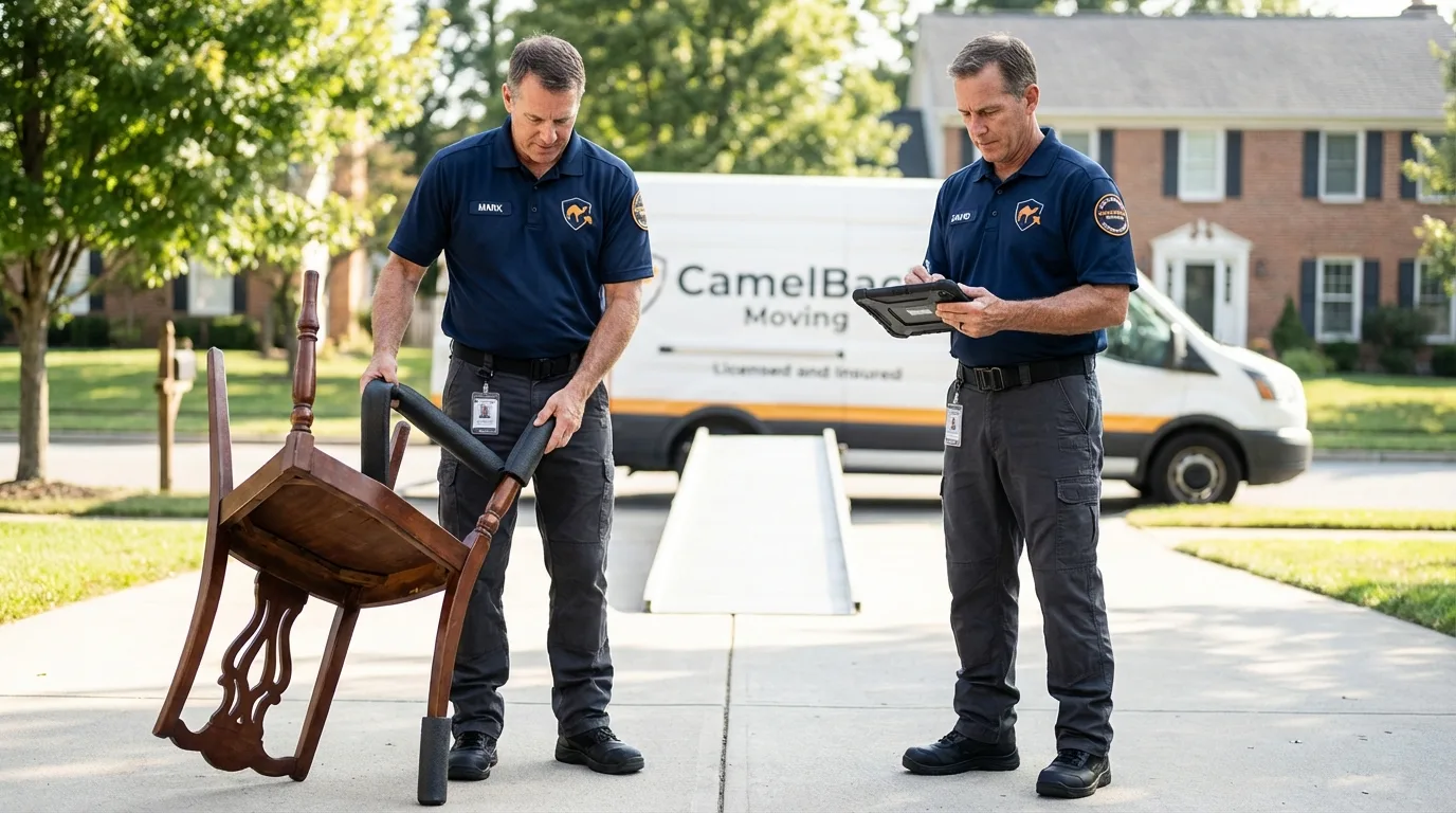 Movers inspecting furniture for damage prevention before loading in Orrington, ME