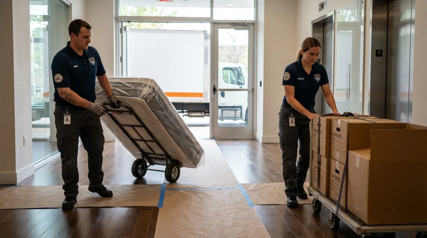 Professional apartment movers loading elevator in Orrington, ME