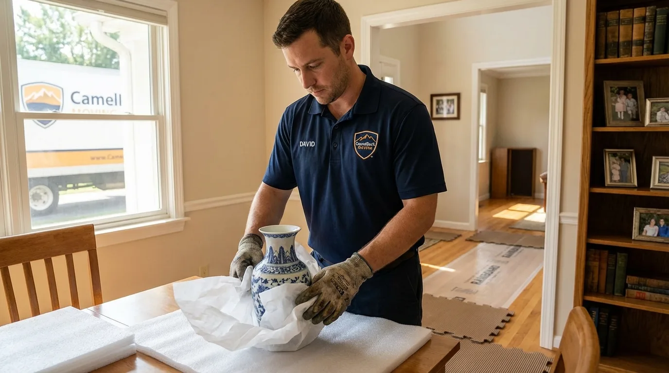 Professional crew carefully wrapping antique vase for senior downsizing move in Orrington, ME