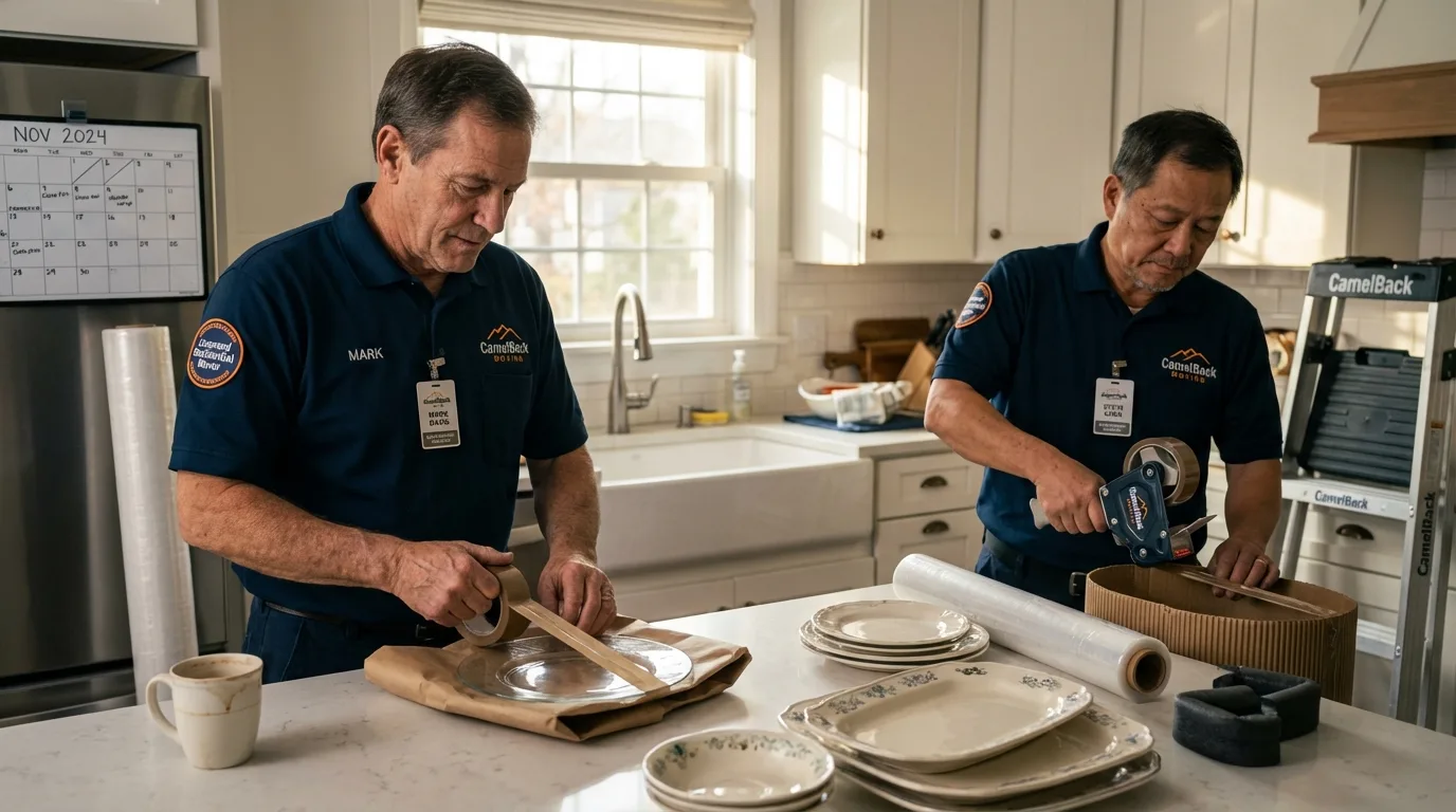 Professional crew packing kitchen dishware in Orrington, ME